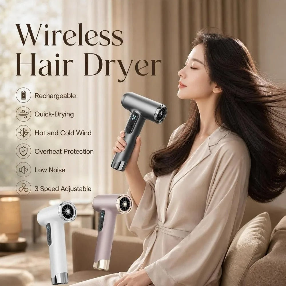 Rechargeable Wireless Hair Dryer Quick-Drying Hot and Cold Wind Negative Ion Hair Dryer 200W High-Speed Portable Blow Dryer