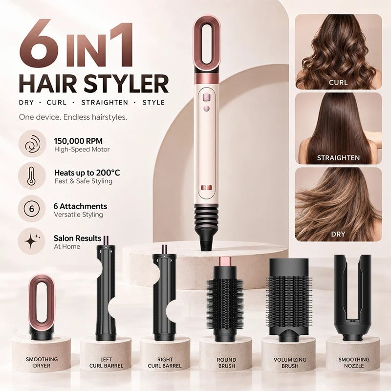 Professional 6 in 1 Cold Hot Air Styling Brush Hair Dryer Curling Iron Straightener Flat Iron 1700W Fast Dry Voluminous Waves