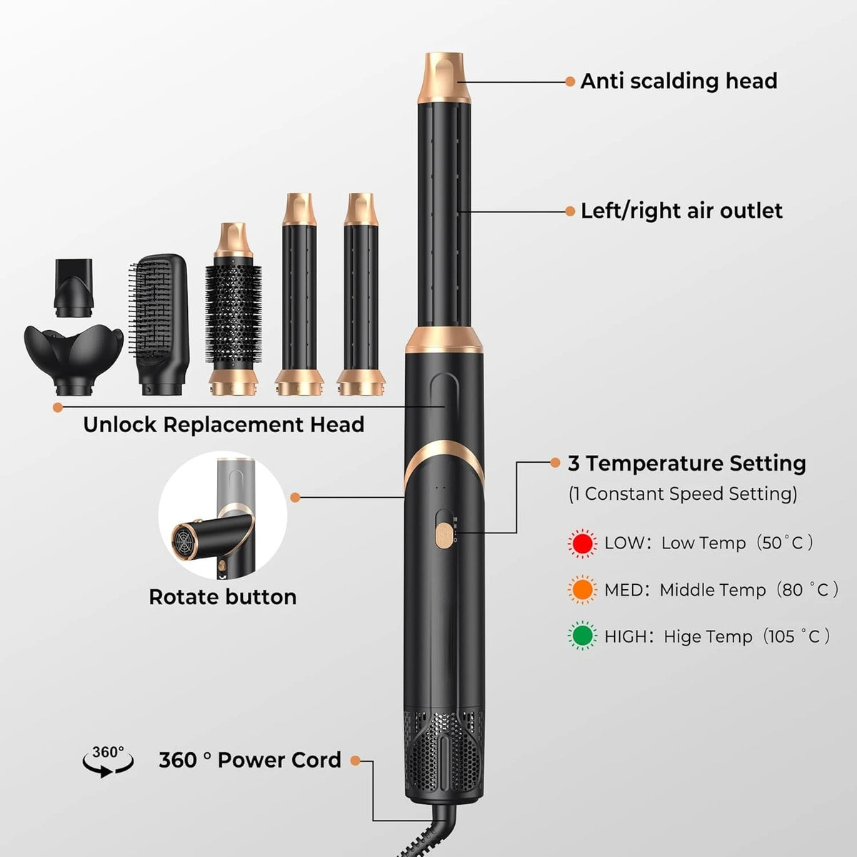 6 in 1 Hair Dryer Brush, Foldable Blow Dryer Brush with Air Styler Curler Wrap, Detachable Hot Air Brush Dry,Volumize, Straight,Curl, Negative Ion Brush Blow Dryer with Diffuser, Hair Styler Tools