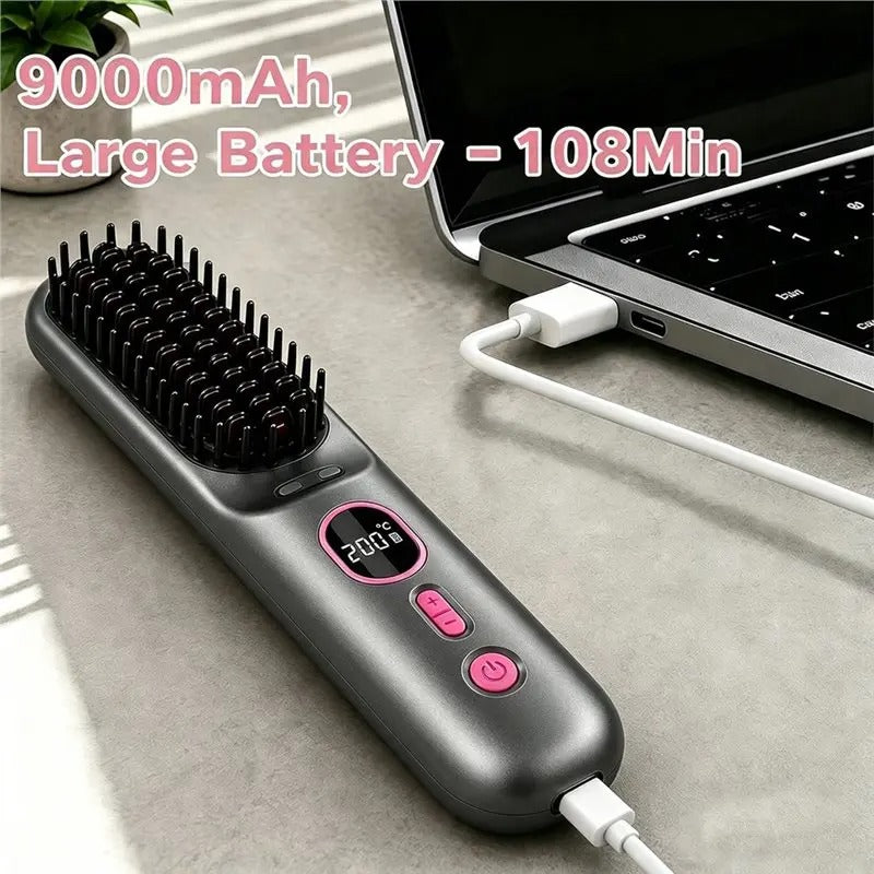 ABLD Portable Cordless Hair Brush,LED Digital Display 4 Gears 9000Mah Battery Capacity For Travel Hair Straightener
