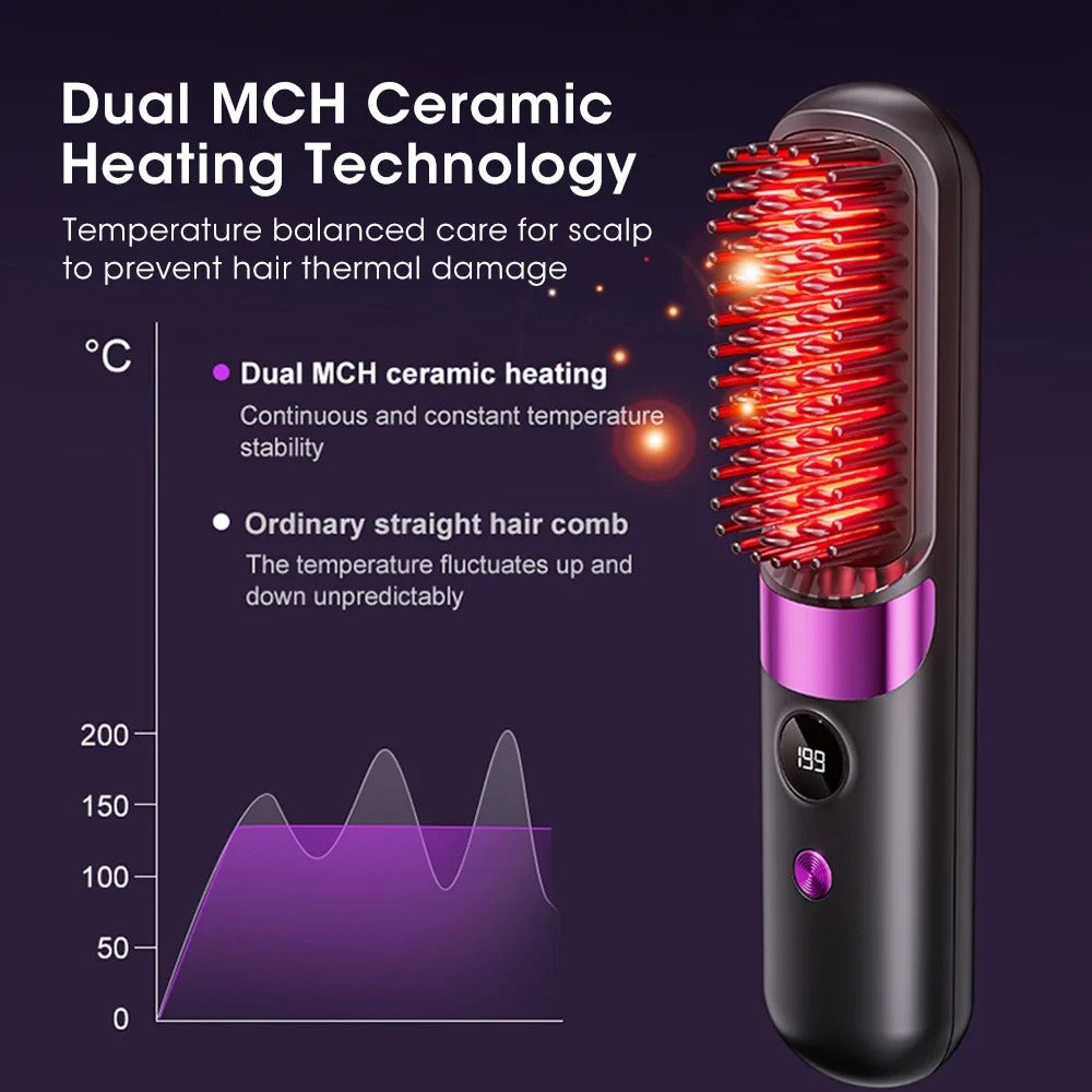 Cordless Hair Straightener 4 Temp LCD Display Anti-scald Hair Straightening Brush Portable Rechargeable Hair Styler Travel Women