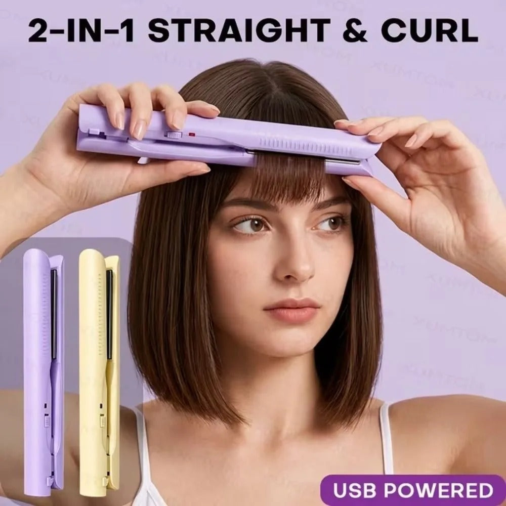 USB Powered 2-In-1 Straight And Curling Hair Tool Safe Mini Curling Iron Electric Fluffy Hairpin Curling Clip Adjustable
