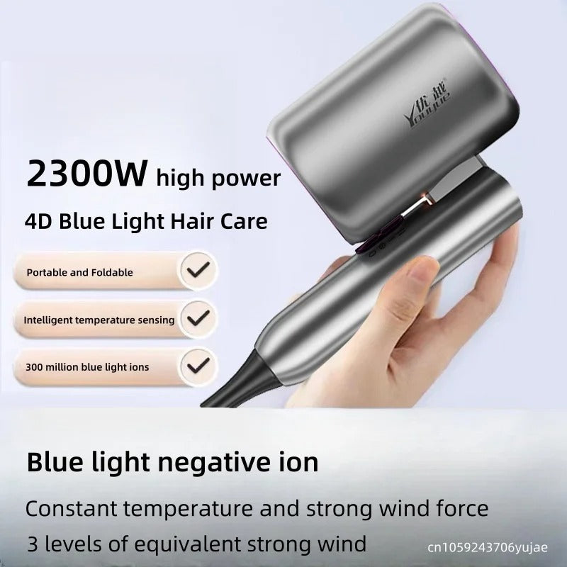 220v Folding Hair Dryer 2300w High-Power Blue Light Negative Ion Low-Noise Quick Drying Hair Dryer Source Factory