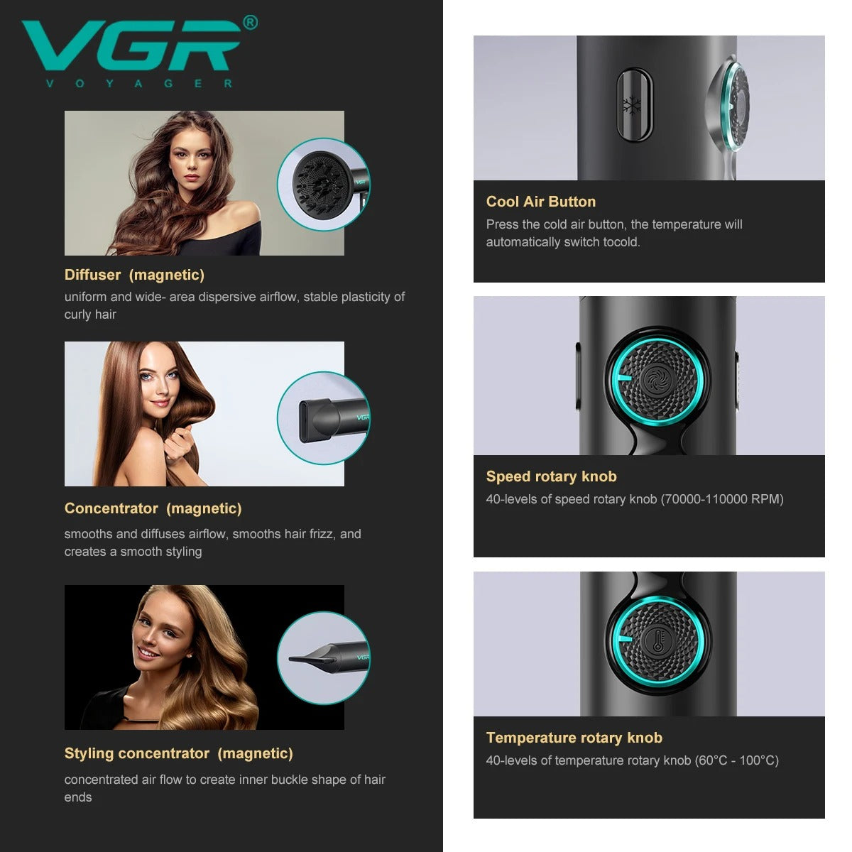 VGR Hair Dryer Professional Blow Dryer Hot and Cold Adjustment Air Blower 110000 RPM Brushless Motor Hair Care Appliances V-401