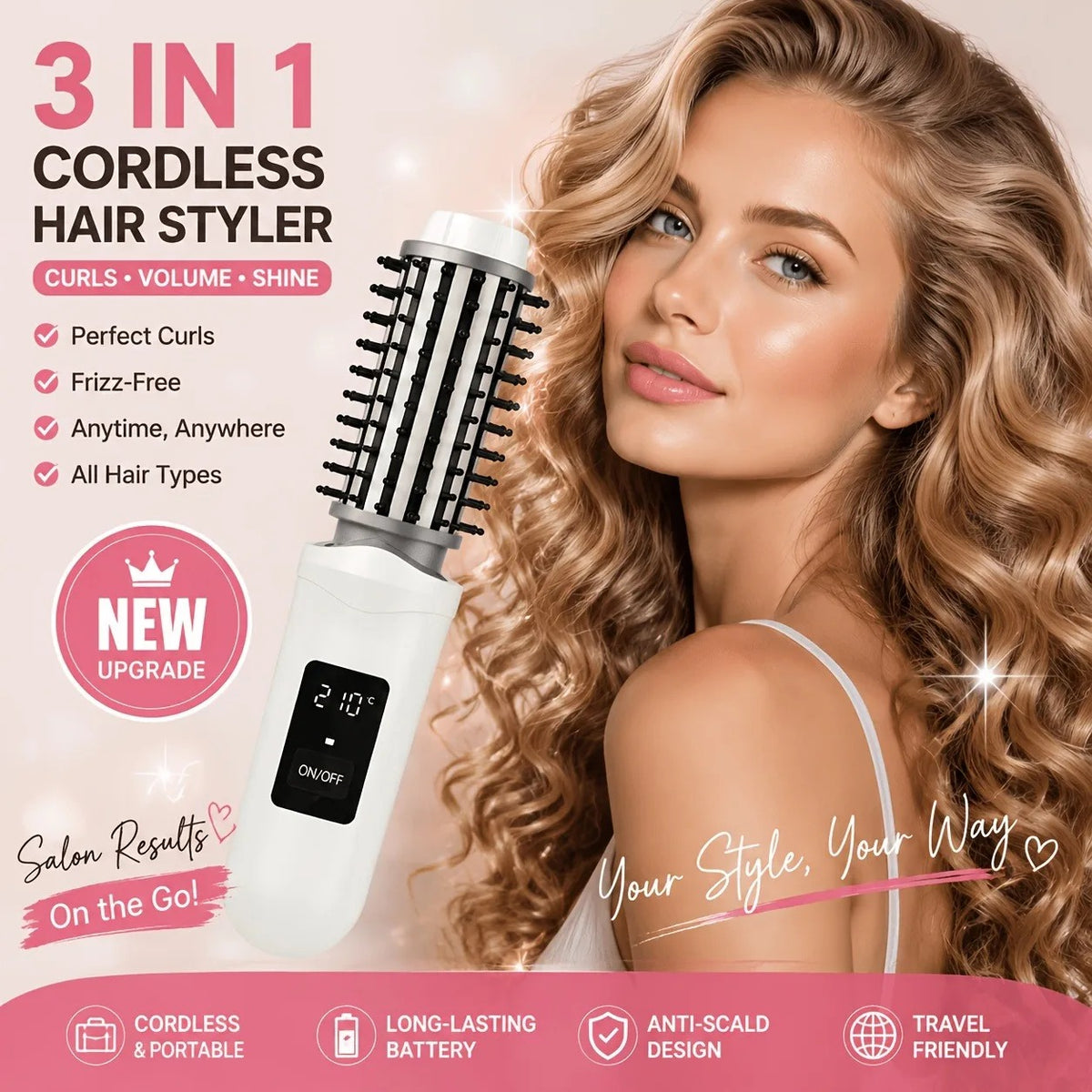 2600mAh Portable Hair Straightening Comb Dormitory Essential Dual Use Straightening Curling Non-damaging Wireless