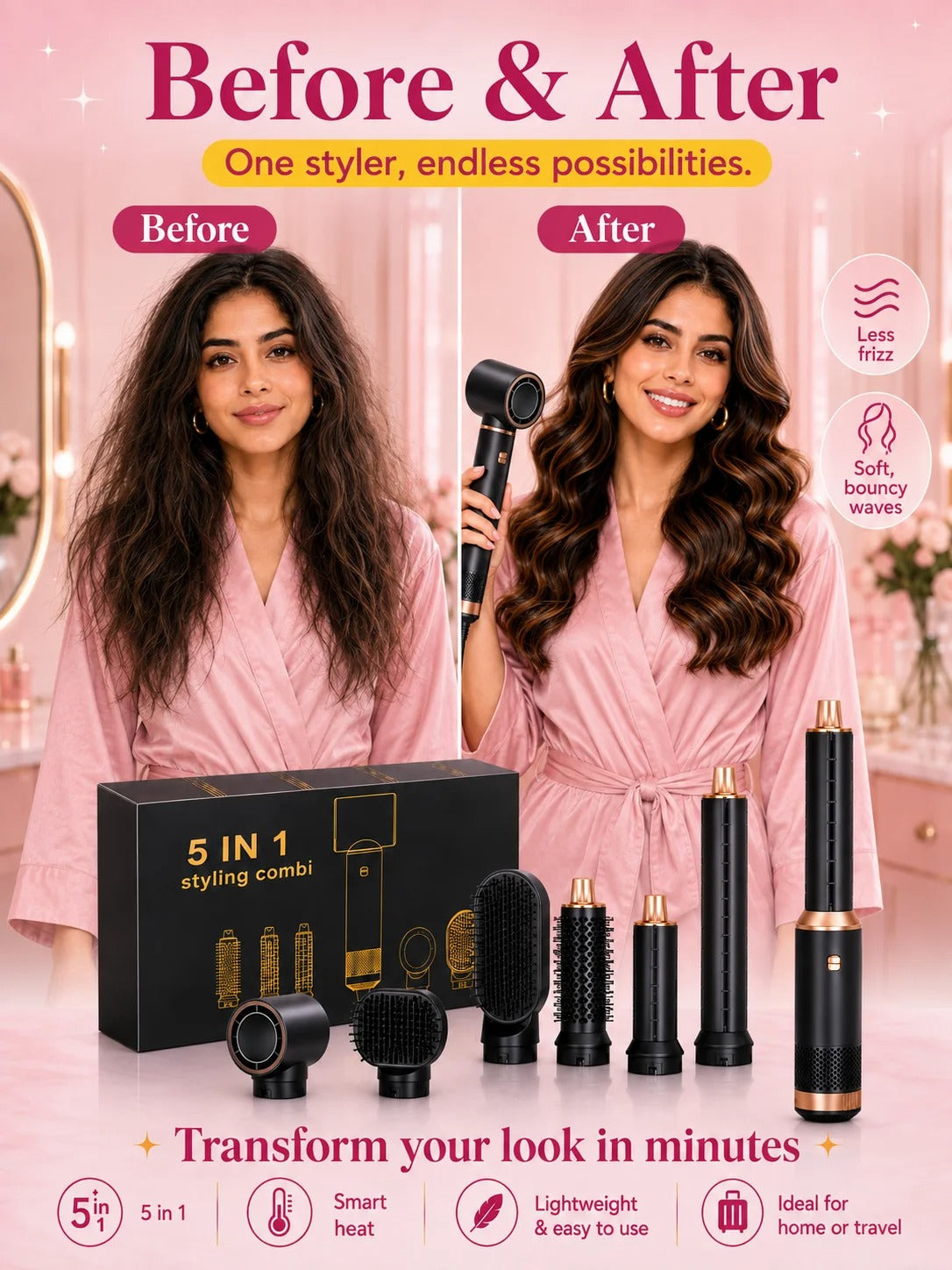 Hair Dryer 5 in 1 Electric Comb Negative Ion Straightener Comb Curling Iron Detachable Multifunctional Heating Brush Hair Dryer