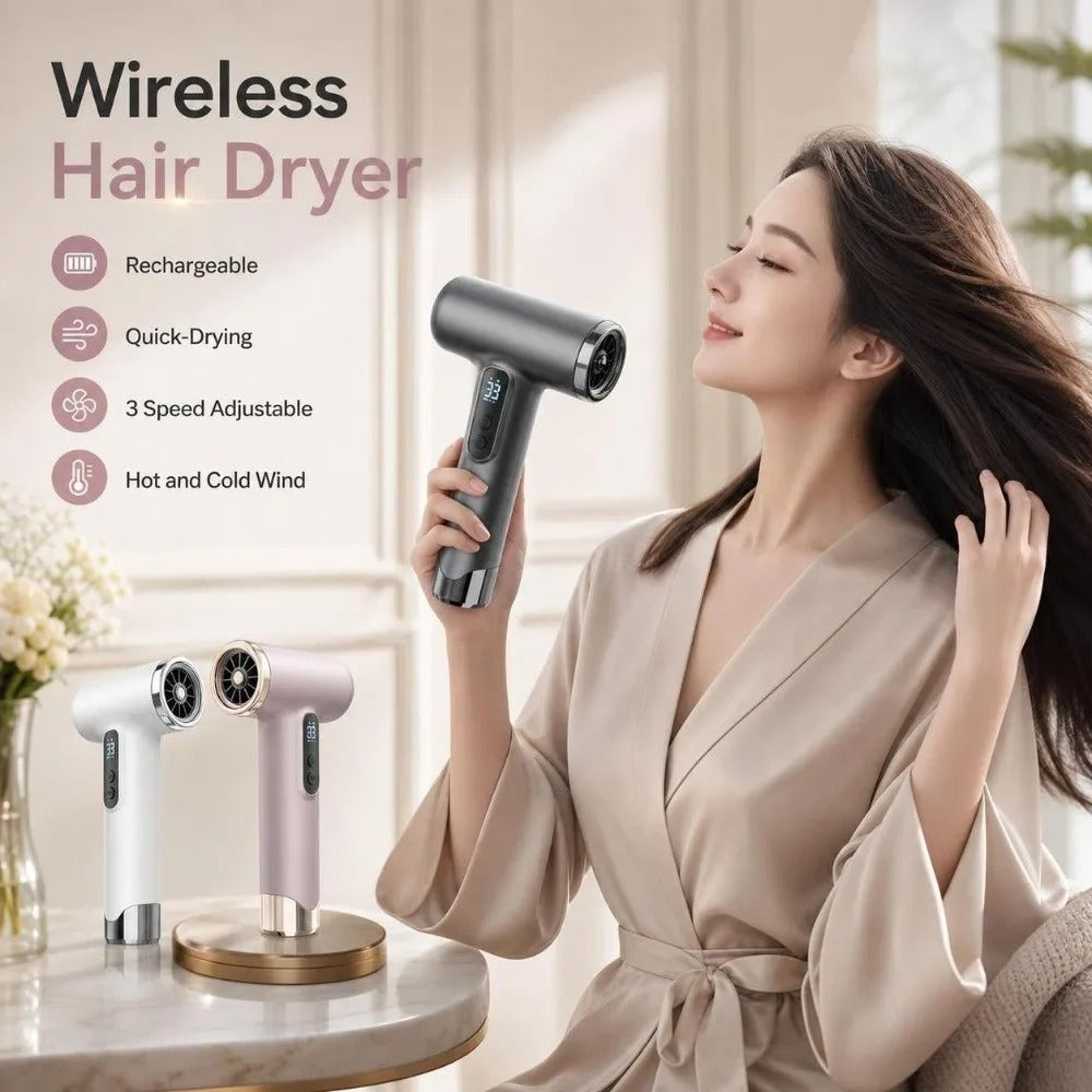 Rechargeable Wireless Hair Dryer Quick-Drying Hot and Cold Wind Negative Ion Hair Dryer 200W High-Speed Portable Blow Dryer