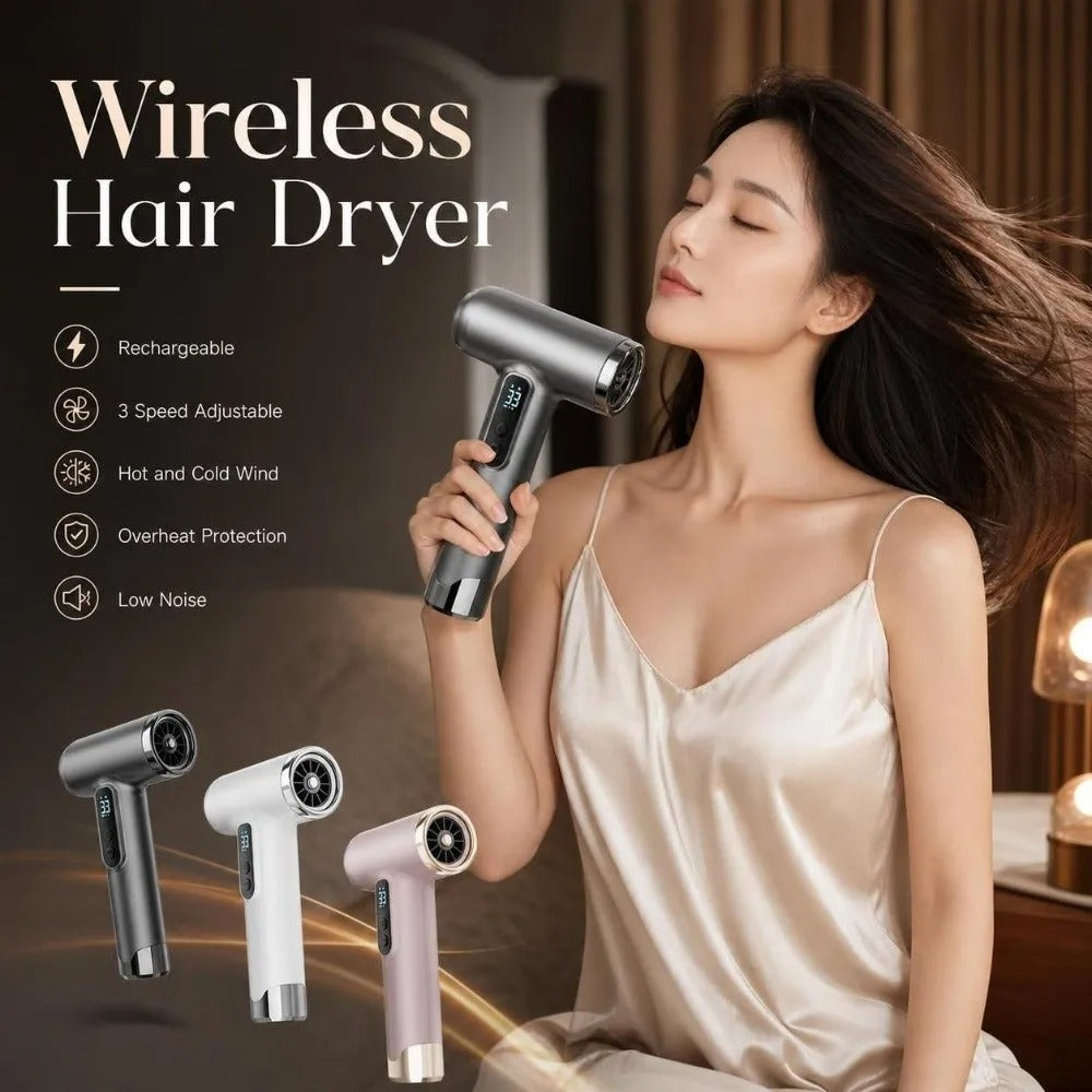 Rechargeable Wireless Hair Dryer High-Speed Quick-Drying Portable Blow Dryer Low Noise Overheat Protection