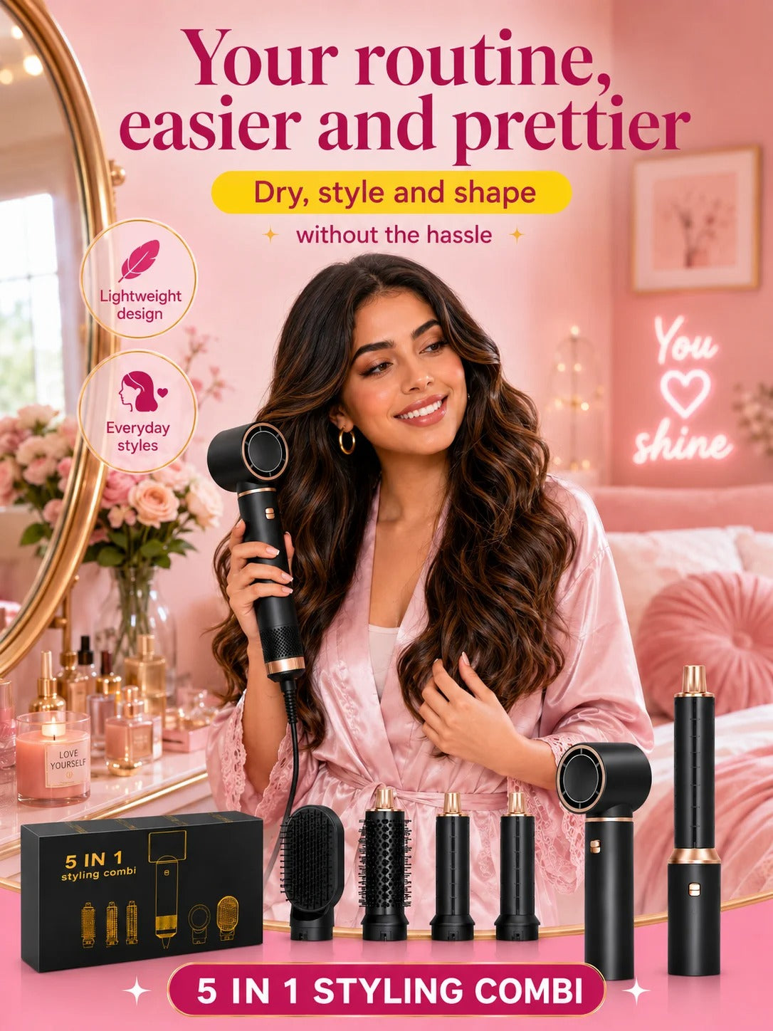 Hair Dryer 5 in 1 Electric Comb Negative Ion Straightener Comb Curling Iron Detachable Multifunctional Heating Brush Hair Dryer