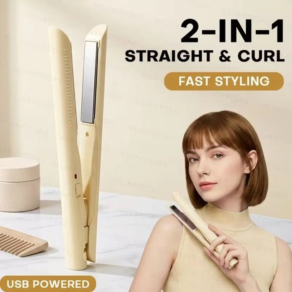 USB Powered 2-In-1 Straight And Curling Hair Tool Safe Mini Curling Iron Electric Fluffy Hairpin Curling Clip Adjustable