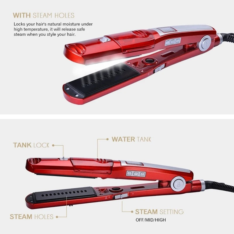 Professional steam straightener - Portable salon wide-width hair straightening, curling and styling device in one unit