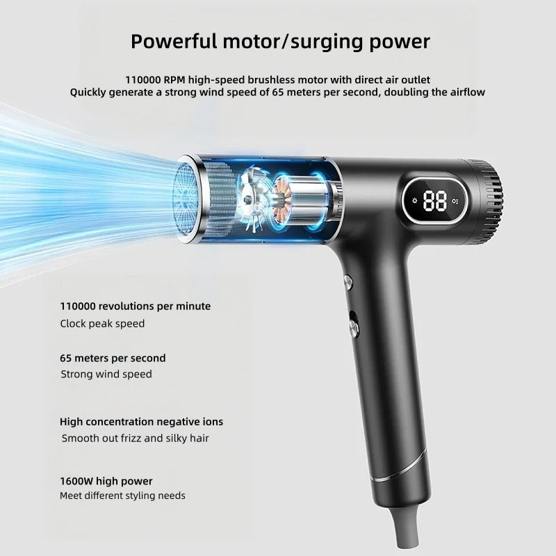 110000 Rpm High-Speed Hair Dryer, High Wind Speed Drying, Lcd Digital Display, Negative Ion Hair Dryer, 220V