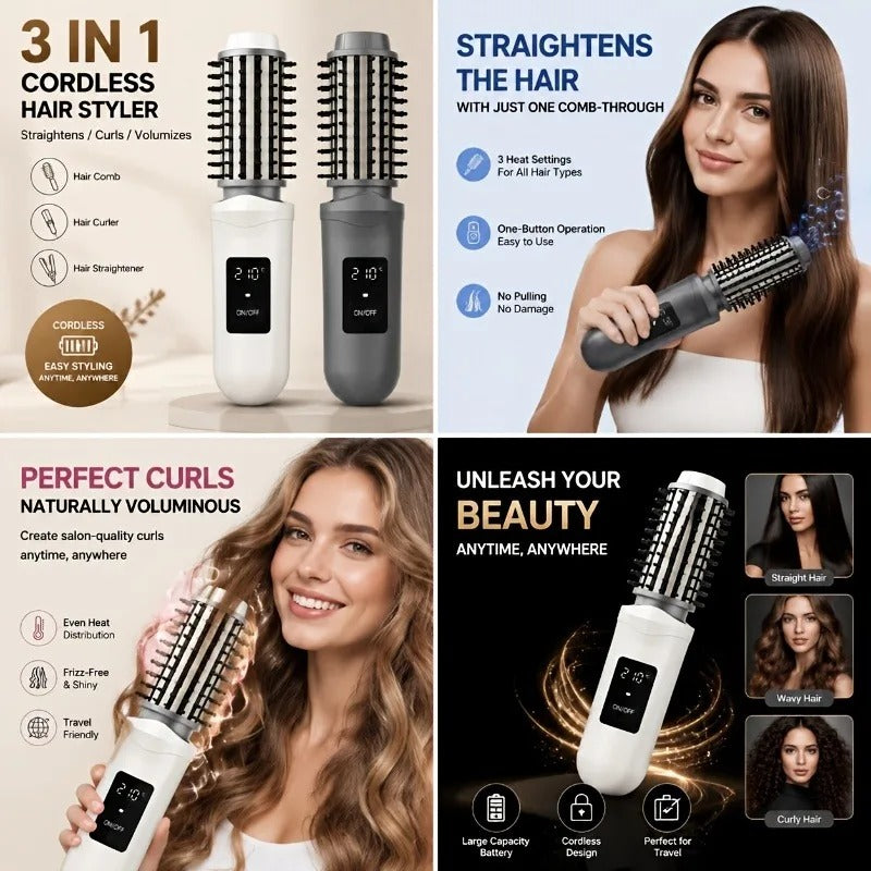 2600mAh Portable Hair Straightening Comb Dormitory Essential Dual Use Straightening Curling Non-damaging Wireless