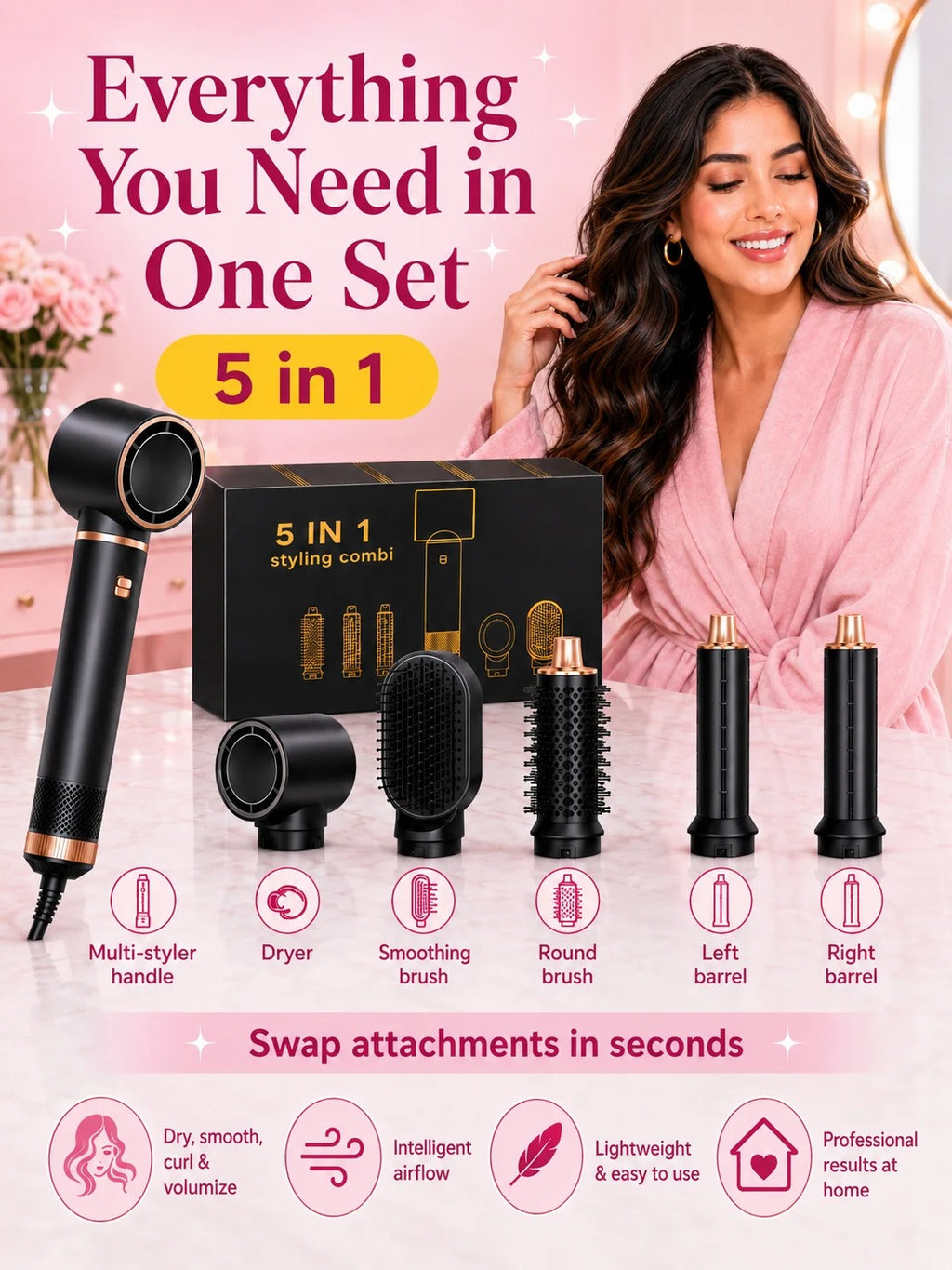 Hair Dryer 5 in 1 Electric Comb Negative Ion Straightener Comb Curling Iron Detachable Multifunctional Heating Brush Hair Dryer