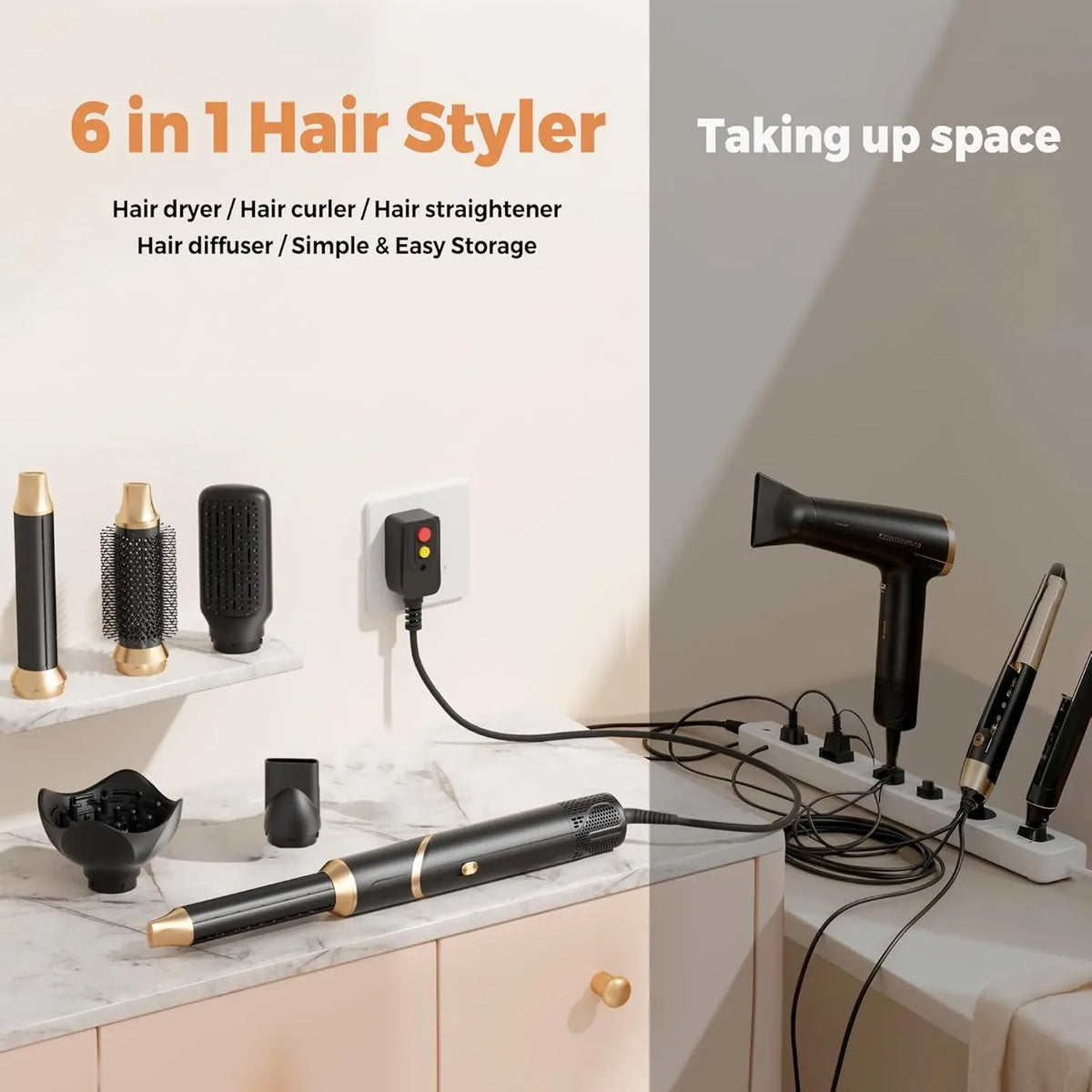 6 in 1 Hair Dryer Brush, Foldable Blow Dryer Brush with Air Styler Curler Wrap, Detachable Hot Air Brush Dry,Volumize, Straight,Curl, Negative Ion Brush Blow Dryer with Diffuser, Hair Styler Tools