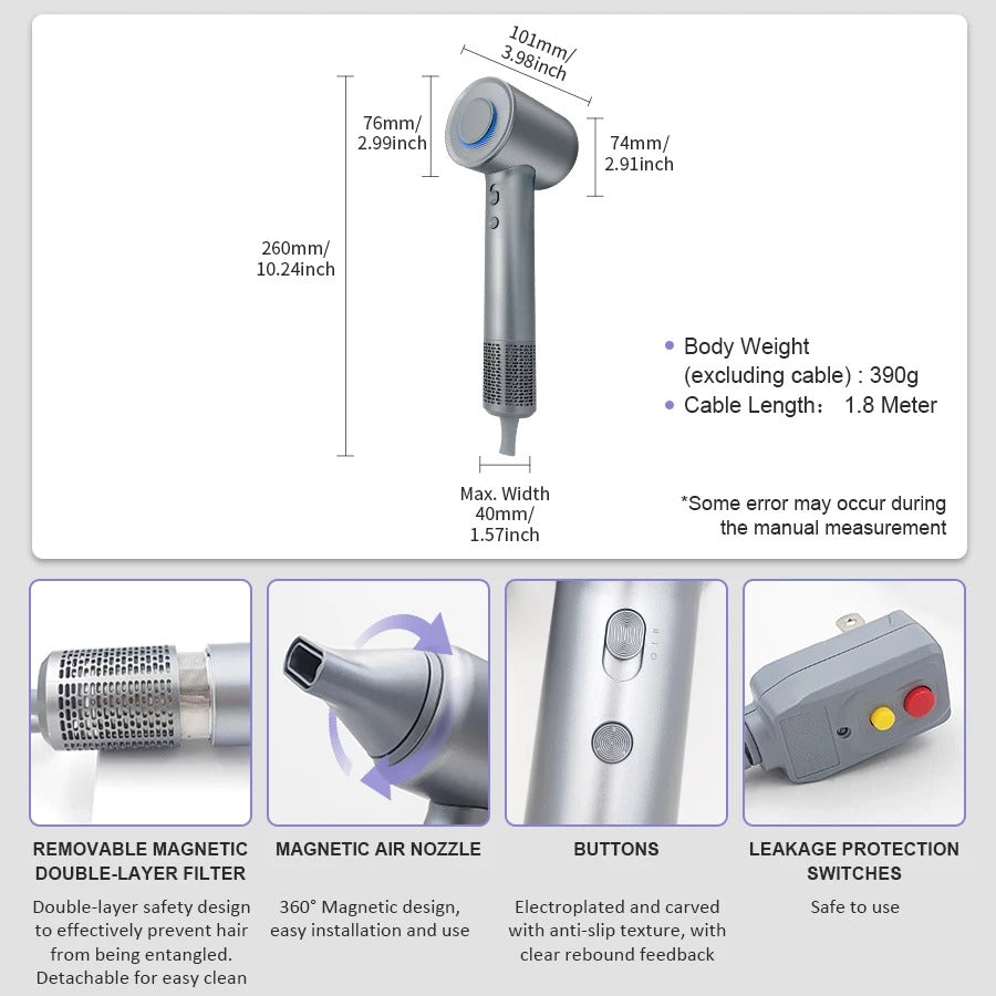 High Speed Ionic Hair Dryer Professional Powerful Fast Drying Low Noise Blow Dryer with Nozzle Attachments for Home Salon Travel Hair Care Styling Hair Blow Dryer
